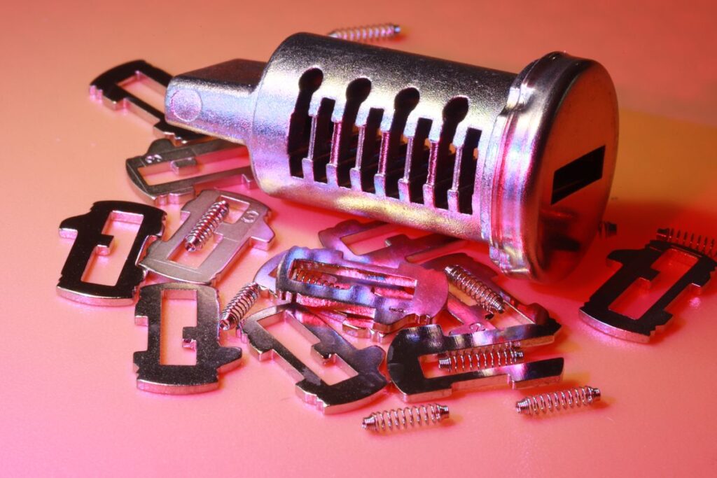 Disassembled lock cylinder with its internal components and springs laid out